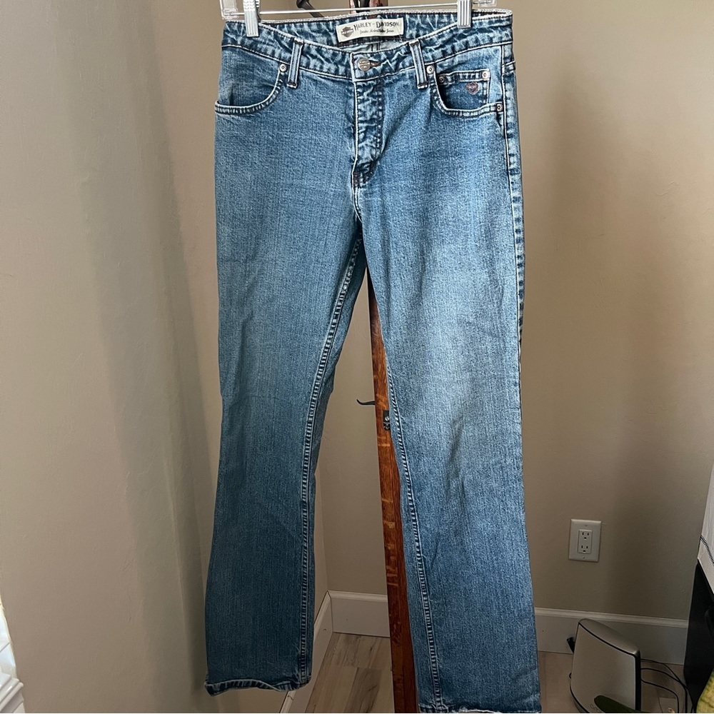 Harley Davidson Women's Jeans Bootcut Denim Medium Wash Leather Patch 8L 8 Long